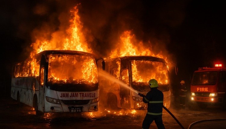 वीरगन्ज नयाँ बसपार्कमा आगलागी, दुई बस पूर्ण रूपमा नष्ट।