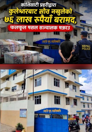 कालिमाटी प्रहरीद्दारा कुलेश्वरबाट स्रोत नखुलेको ७६ लाख रुपैयाँ बरामद, फलफूल पसल सञ्चालक पक्राउ।