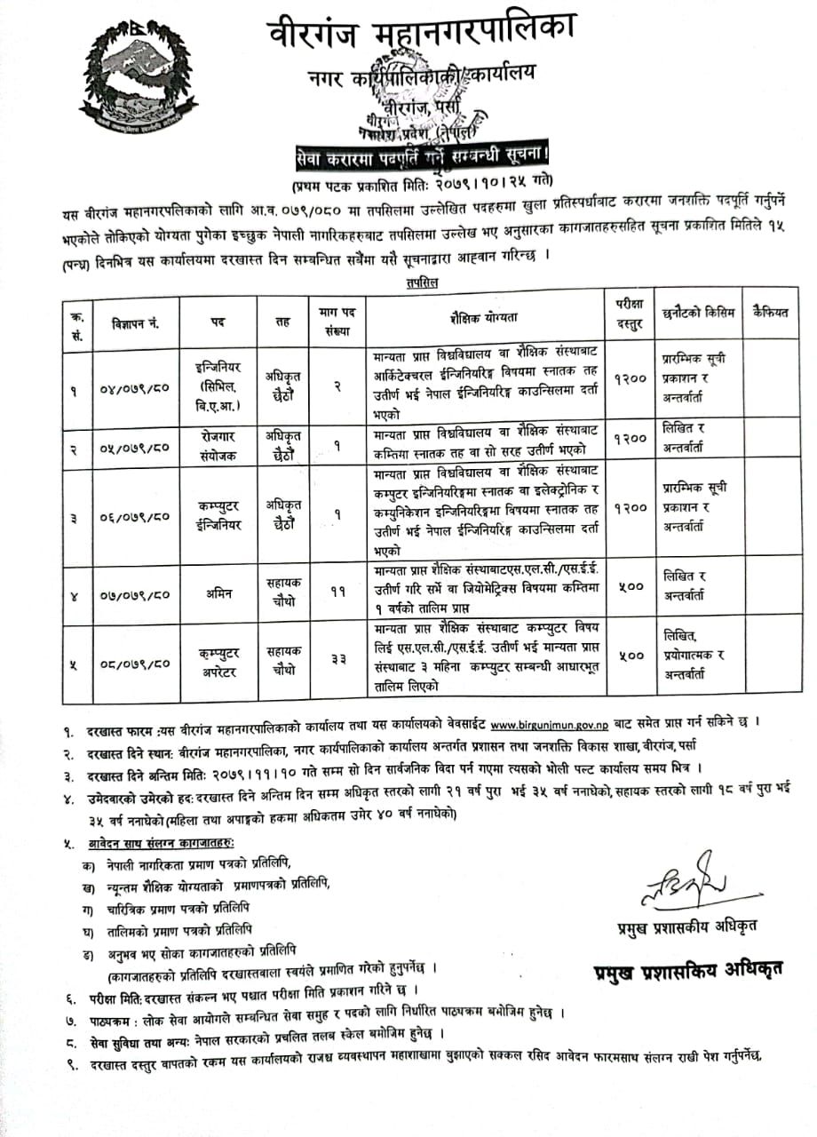 वीरगञ्ज महानगरमा काम गर्ने अवसर, विभिन्न पदका लागि ४८ जना कर्मचारी माग